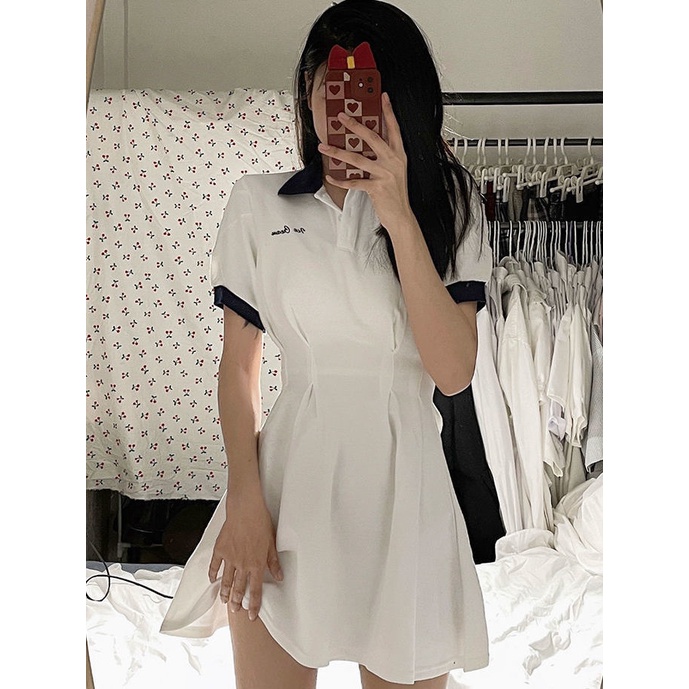 COZOK Đầm Tay Ngắn Cổ Polo Xếp Ly Thiết Kế Trẻ Trung