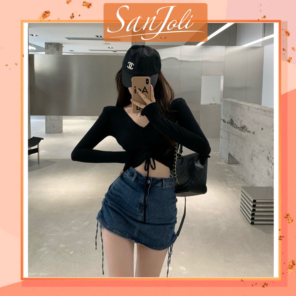 Áo Croptop Hở Ngực LOKOSA Áo Croptop Dài Tay Rút Dây Nữ Kiểu Ôm Body Sexy Đi chơi dự tiệc cưới màu Trắng Đen Xanh AO042