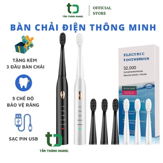 Bàn Chải Điện Electric Toothbrush, Tặng Kèm 4 Bàn Chải Thay Thế, 5 Chế Độ Tự Động, Sạc USB, BH 1 Tháng