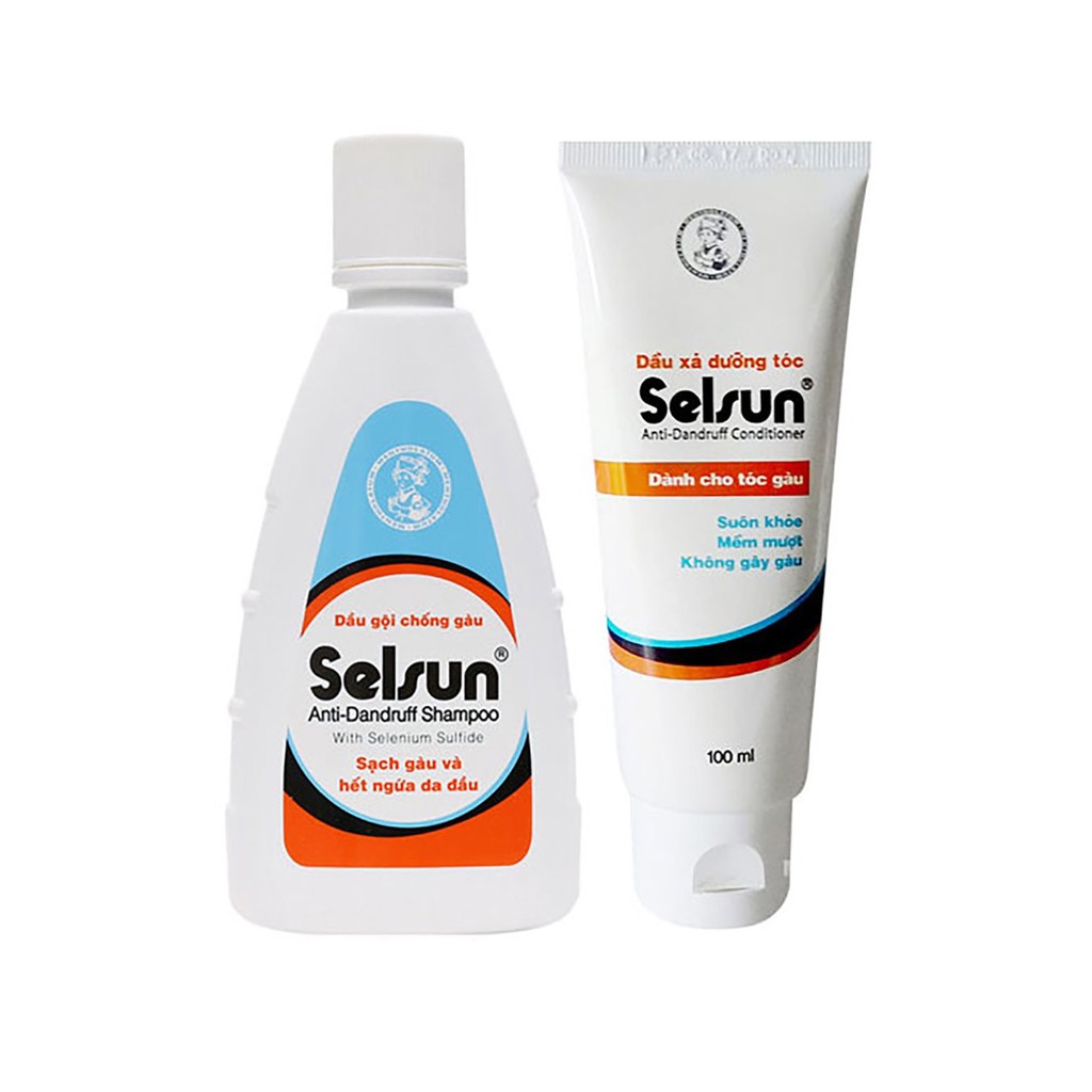 Combo gội xả Selsun gồm 1 gội Selsun 1% 100 ml và 1 tube xả Selsun 100 ml, sản xuất bởi Rhoto Mentholatum, Việt Nam