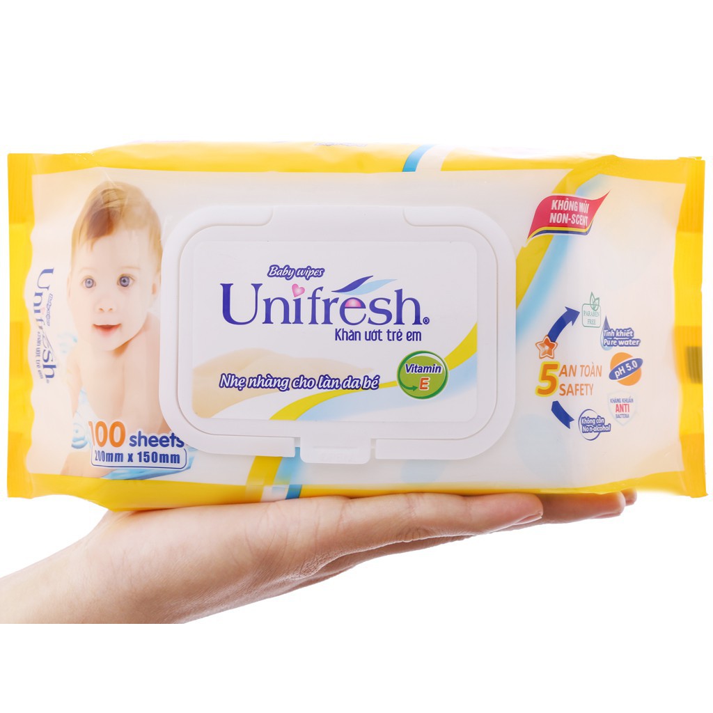 Khăn Ướt Không Mùi Có Nắp An Toàn Cho Da Bé UNIFRESH Vitamin E