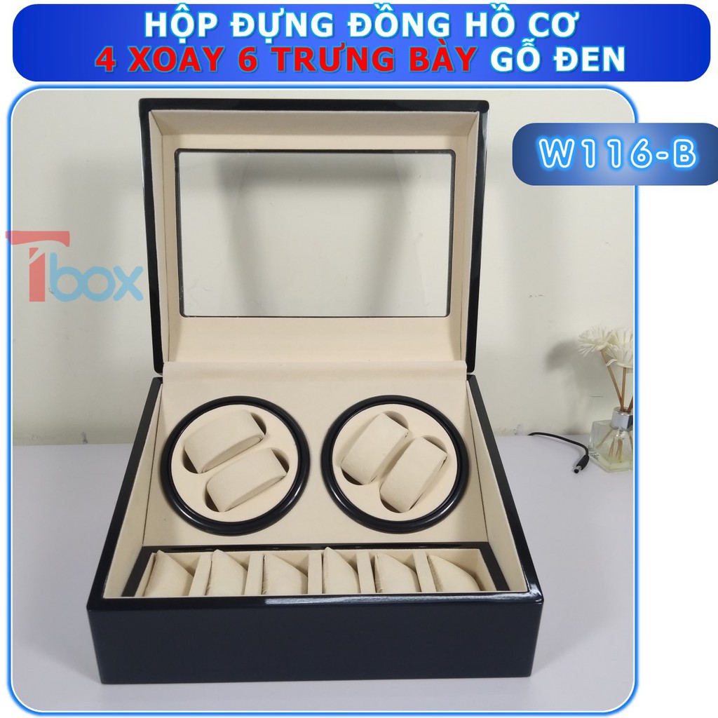 Hộp đựng Đồng hồ cơ 10 chiếc Hộp xoay Đồng hồ cơ 4 xoay 6 tĩnh bằng gỗ màu đen pinano sang trọng