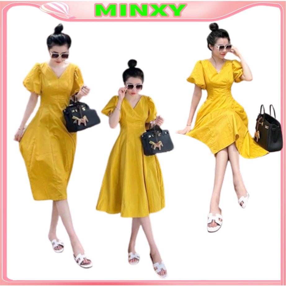 Váy cổ v tay bồng maxi tiểu thư,đầm tay chít eo dày dặn chuẩn from,hàng thiết kế