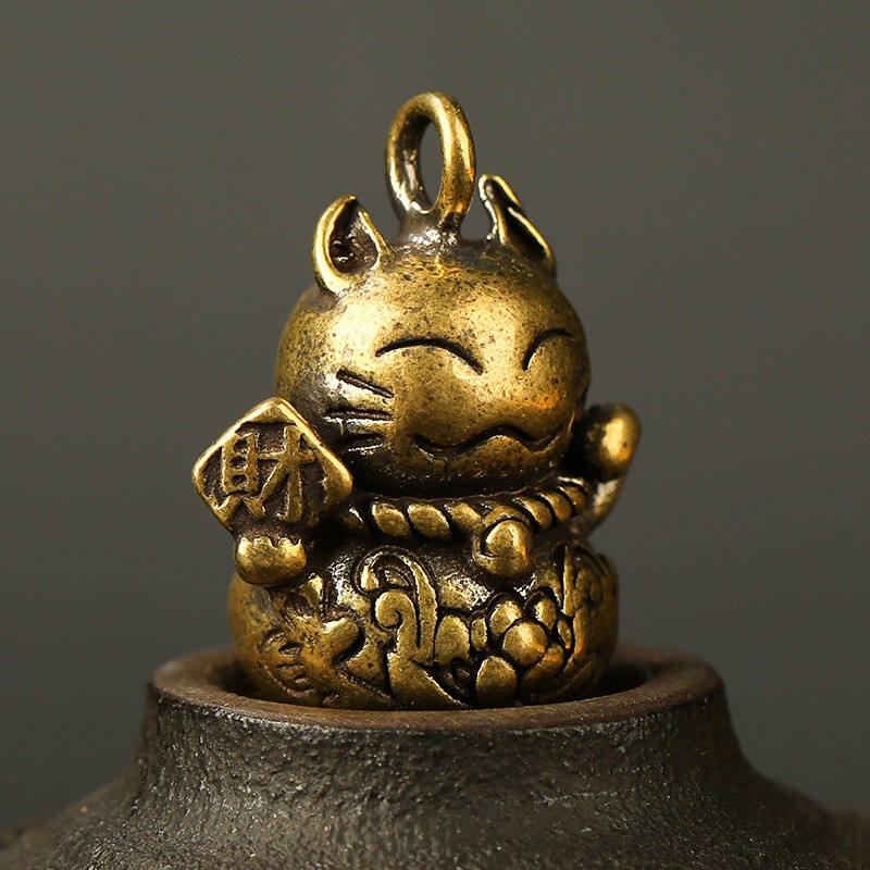 Tượng Đồng Phong Thủy Hình Mèo Thần Tài, Trang Trí Đem Lại May Mắn, Móc Khóa Mặt Dây Chuyền (Kích Thước: 2.7cm x 2.2cm ) | BigBuy360 - bigbuy360.vn