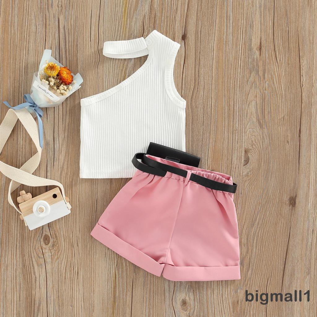 BIGMALL-6months-4years Baby Girl Tanks Tops + Shorts + Waist Bag, Pockets Decoration Casual Style Summer Clothing Set