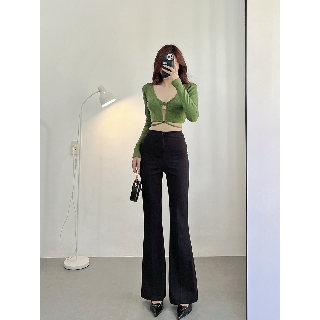 Áo croptop nữ tay dài HHVINTAGE kiểu cổ tim thắt eo thun gân co giãn A05