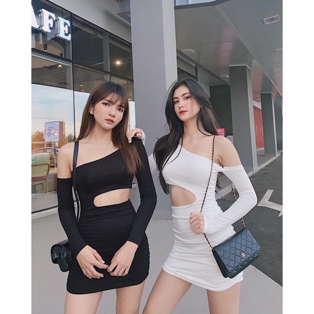 Đầm nữ body dáng ngắn chất thun bozip trơn kiểu tay dài khoét eo hot