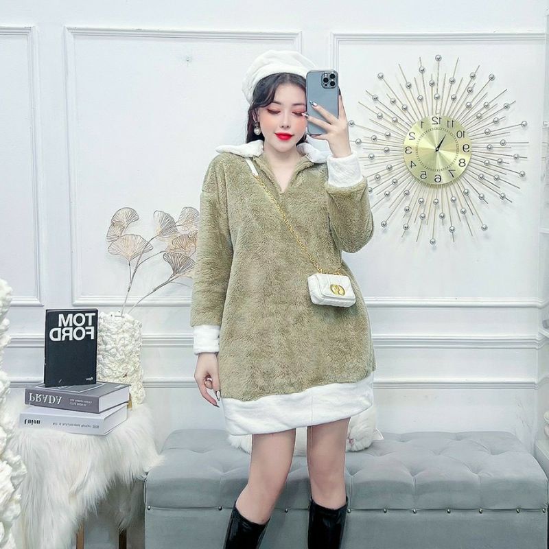 Đầm suông lông cao cấp, set váy lông mềm mịn kèm mũ Mã V01 hàng New Duzu Store