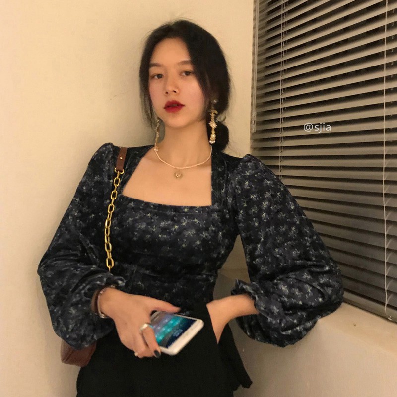 (ORDER) Áo sơ mi nhung dài tay cổ vuông tay phồng ôm body họa tiết hoa nhí kiểu Pháp sang trọng (HÀNG MỚI_HOT)