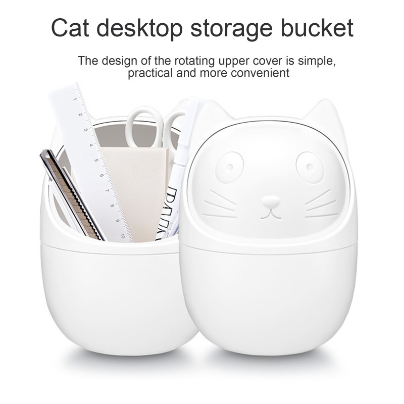 Thùng Đựng Rác Nắp Lật Xoay Mini Để Bàn Hình Mèo Hoạt Hình Dễ Thương