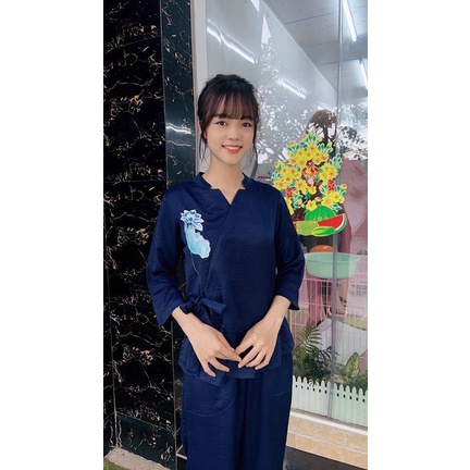 Đồ Lam Đi Chùa # Bà ba Lai Lụa Pháp Cao Cấp Hoa sen lớn bên trái# Quần Áo Nữ