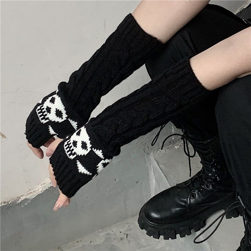 Găng Tay Len Dài Hở Ngón Giữ Ấm Màu Đen Phong Cách Gothic Đường Phố Cho Nữ