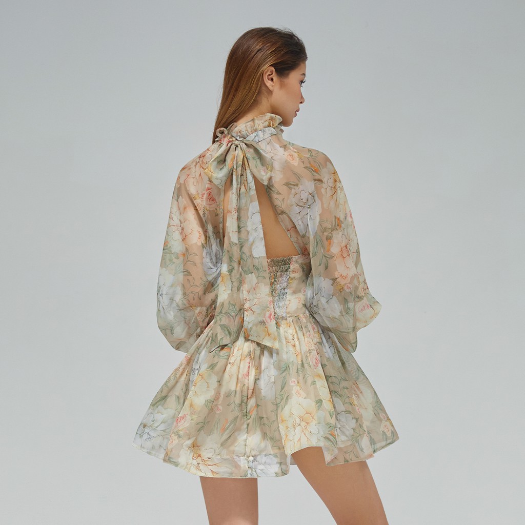 DEAR JOSÉ - Đầm xòe ngắn cổ cao tay phồng dài cột nơ lưng Fly To The Moon hoa | BigBuy360 - bigbuy360.vn