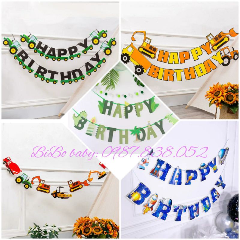 [Mã LIFE2410K giảm 10K đơn 20K] Dây chữ Happy birthday theo chủ đề phi hành gia, khủng long, xe, máy bay