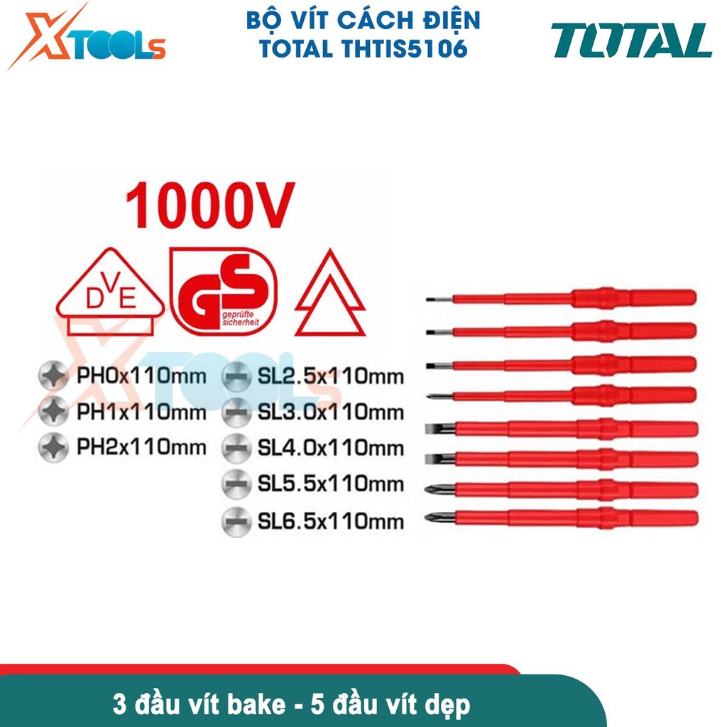 Bộ tua vít đa năng TOTAL THTIS5106 cách điện 1000V, 10 chi tiết, tay cầm tròn cách điện có thể đổi đầu-CHÍNH HÃNG-XTOOLS