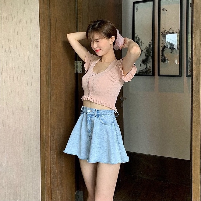 Áo len ZHELIHANGFEI tay ngắn cổ vuông thời trang trẻ trung cho nữ