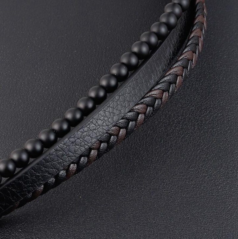 Vòng đeo tay bằng da phối chuỗi hạt thiết kế nhiều lớp hợp thời trang