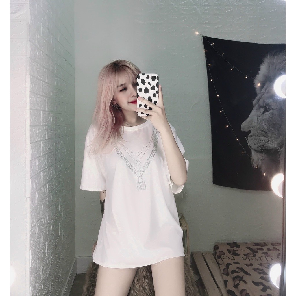 áo thun form rộng đính đá siêu sang chảnh dây chuyền siêu hot ảnh thật