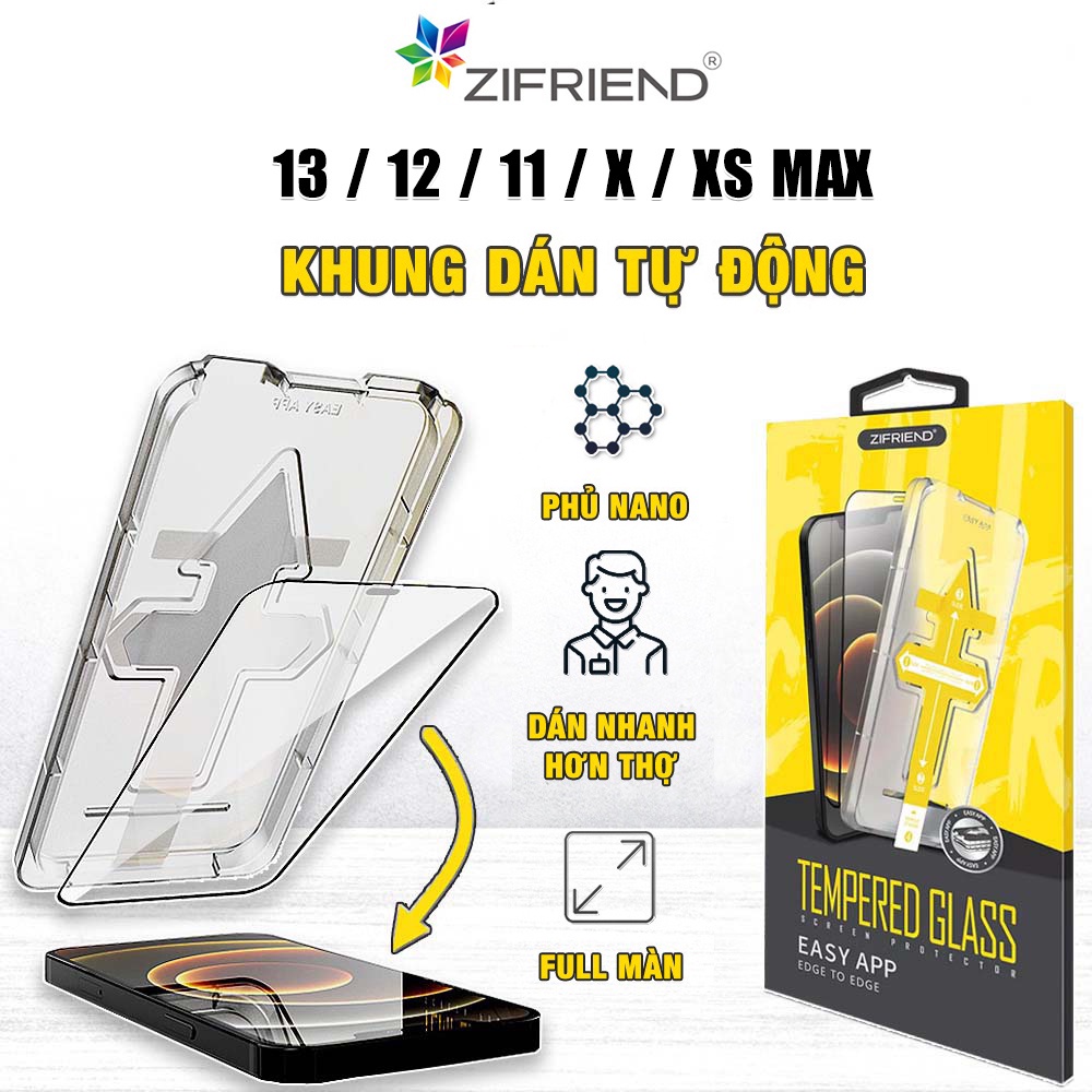 Kính cường lực Iphone 13 Pro Max / 12 / 11 / X chính hãng ZIFRIEND khung dán tự động - Dán màn hình Iphone 13 Pro Max