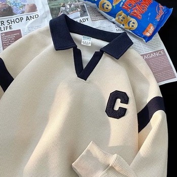 Áo Thun POLO Dài Tay Cổ Chữ V Form Rộng Thêu Chữ Thời Trang Dành Cho Nam