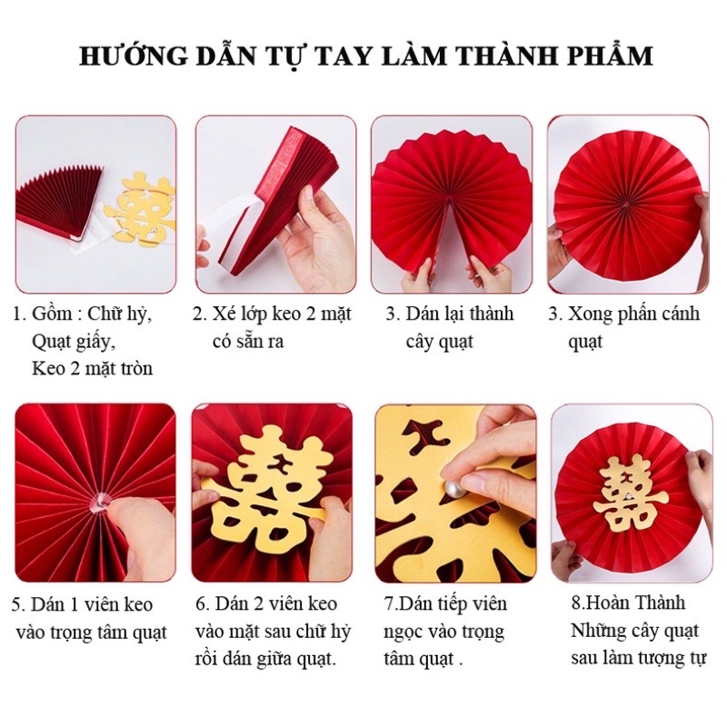 Set 6 quạt giấy đỏ đám cưới chữ hỷ party fans trang trí phòng cưới