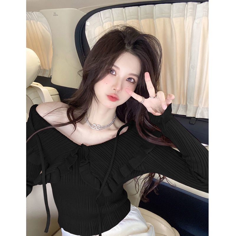 Wooden ear pure sweet doll collar knitted bottoming shirt women's spring 2022 new sweater jacket
