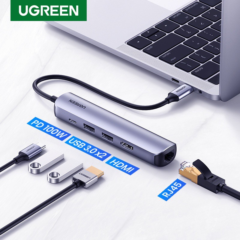 Cáp Chuyển Hub Ugreen 5 in 1 USB Type C Sang HDMI + USB3.0x2 + Mạng Lan RJ45(1000Mps) + PD Ugreen 10919 Siêu Di Động