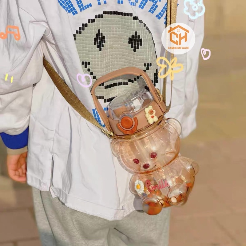 Bình Nước Gấu Có Ống Hút Kèm Dây Đeo Cực Dễ Thương