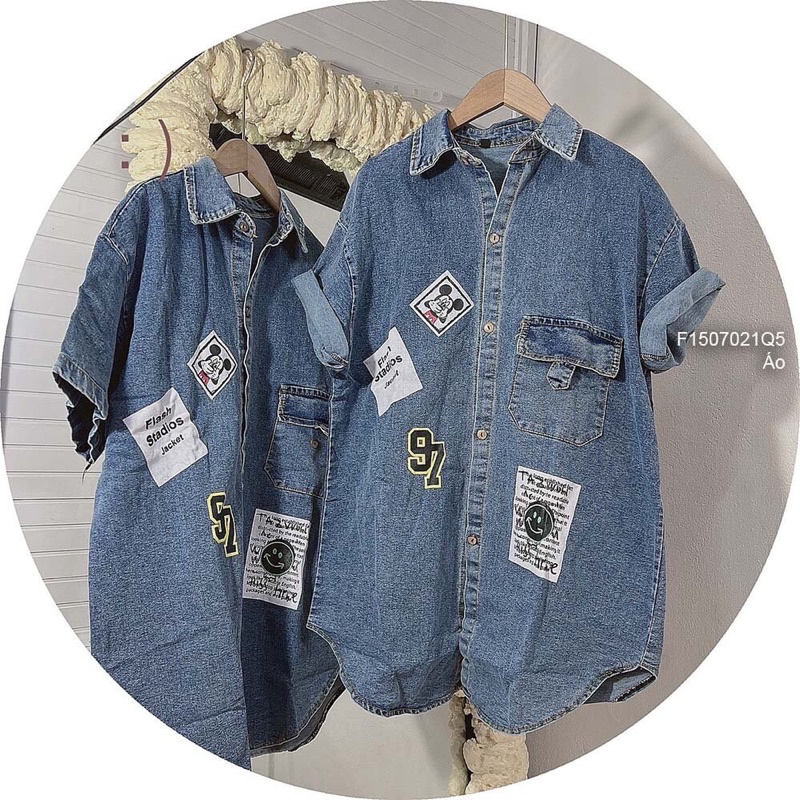 Áo sơ mi Jean 97 hình chuột và tem mặt cười đen s TT1507