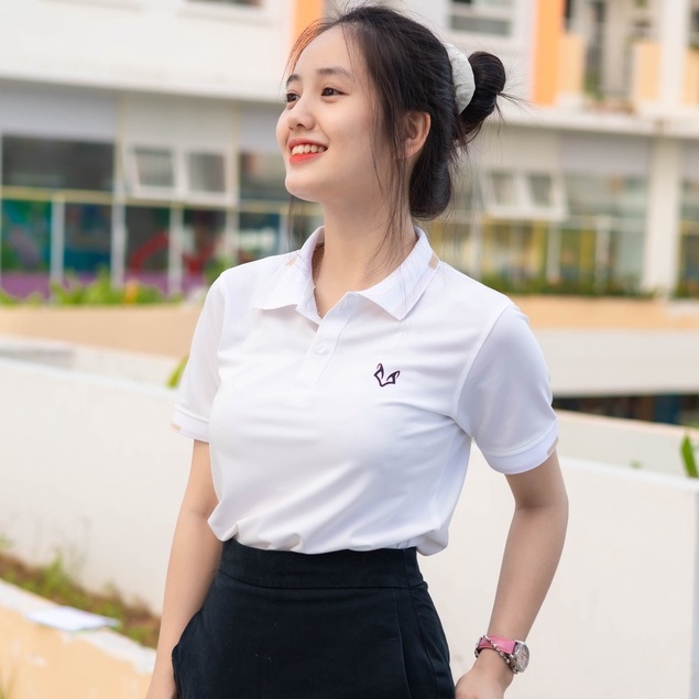 Áo Polo Nữ Thương Hiệu Leza Màu Trắng Viền Be Vải Thoáng Mát Phù Hợp Đi Chơi, Đi Học, Đi Làm