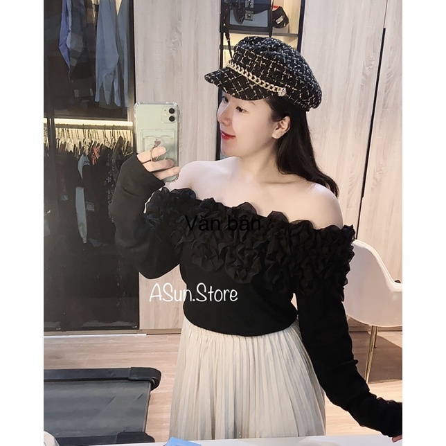 Áo trễ vai bèo loại 1💋FREESHIP💋ẢNH THẬT💋 áo bẹt vai hở vai len tăm cổ voan hoa hồng đen thiết kế | BigBuy360 - bigbuy360.vn