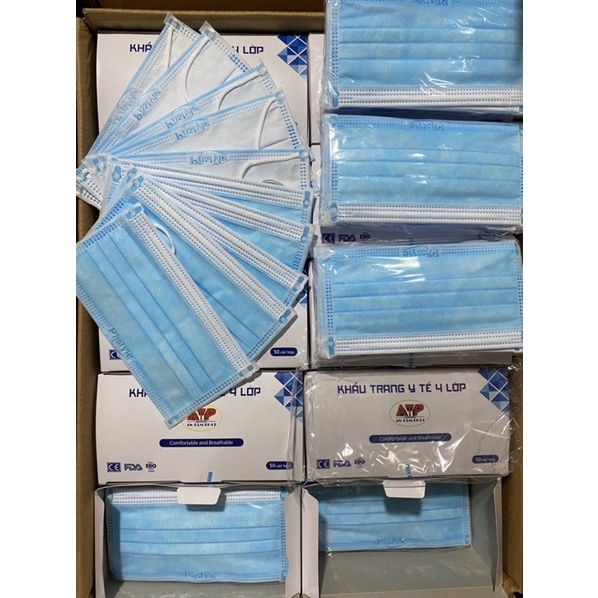 Khẩu trang y tế , 4 lớp , giấy kháng khuẩn , màu xám , trắng và xanh .
