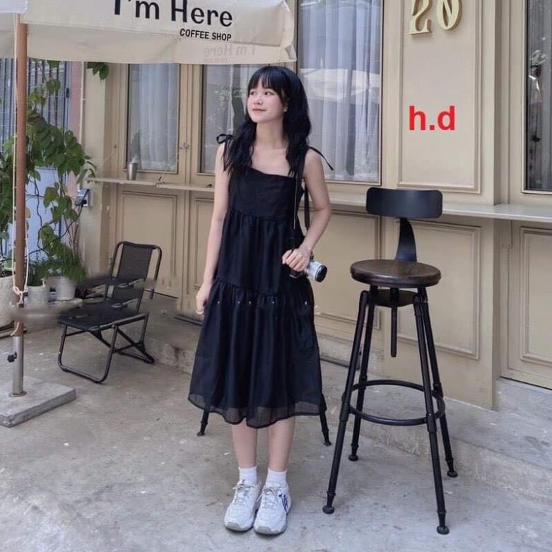 Váy hai dây buộc nơ vai hai màu basic dáng suông xòe tiểu thư dễ mặc freesize phom rộng đi biển