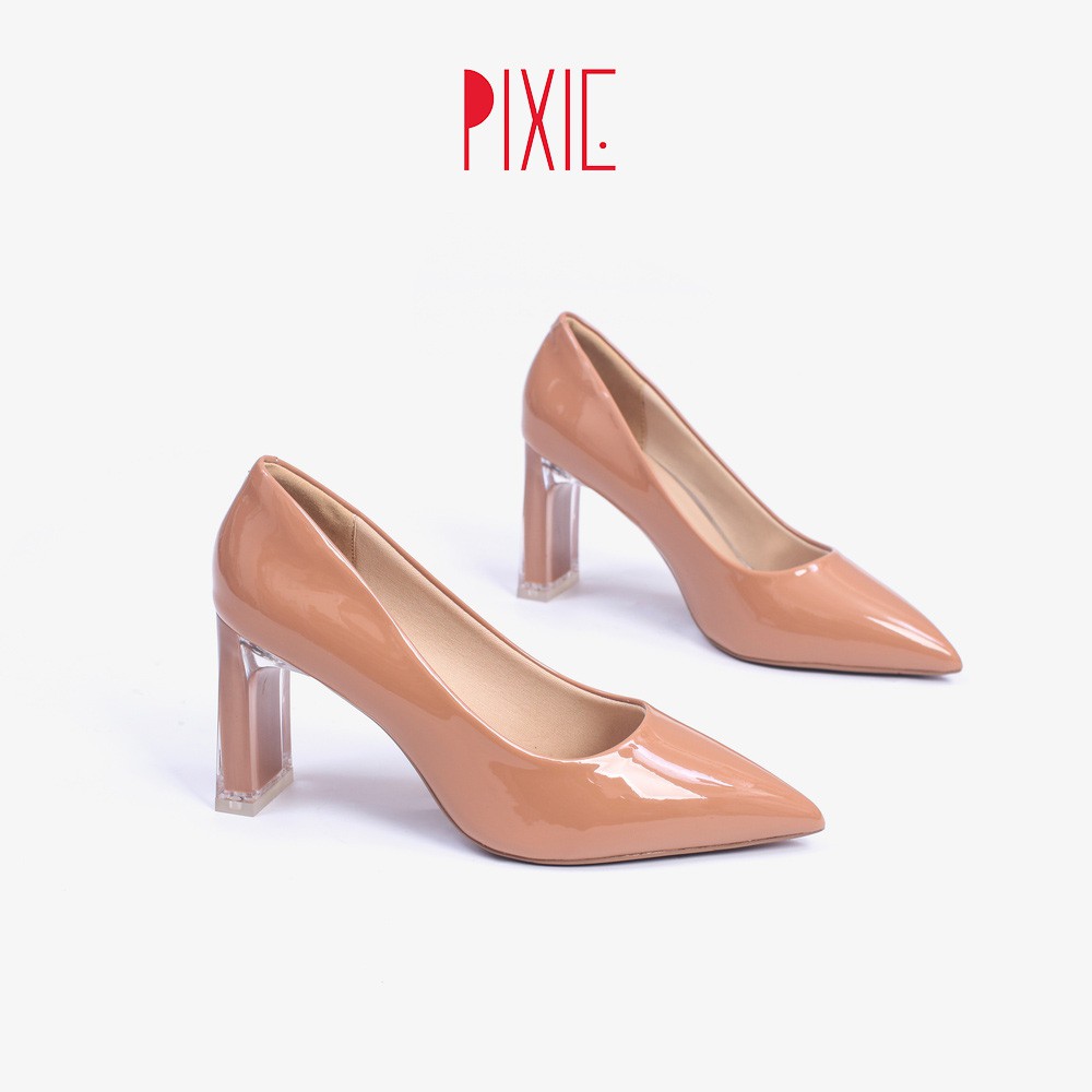 Giày Cao Gót 7cm Da Bóng Đế Vuông Thon Phối Mica Pixie X554