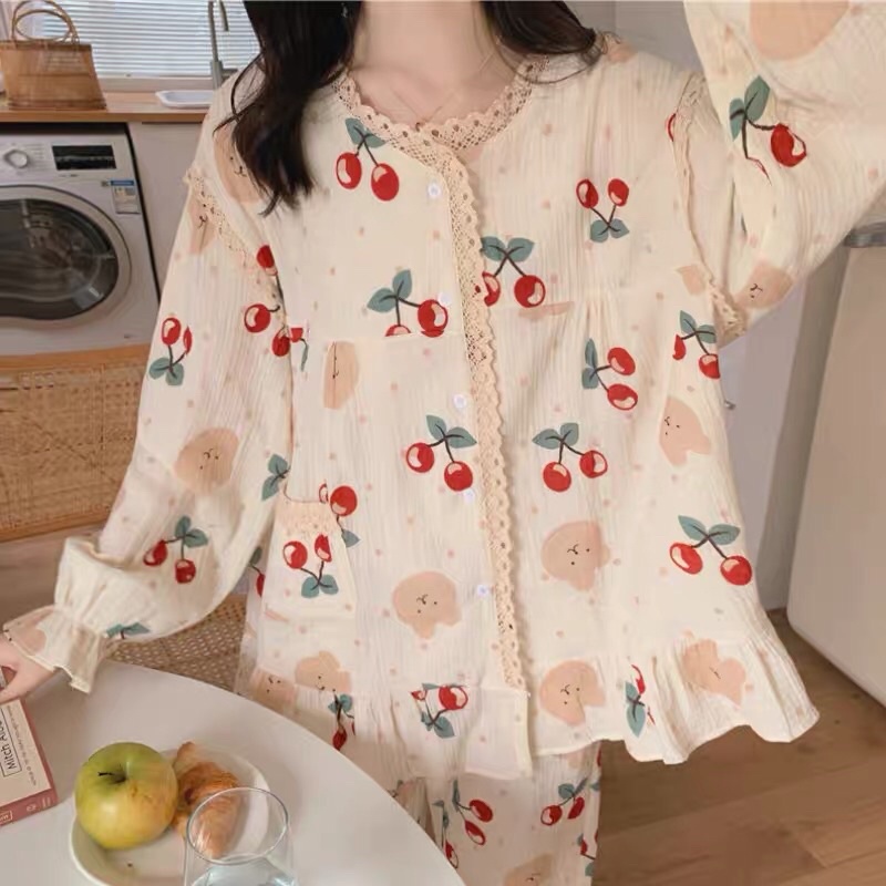 BỘ PIJAMA MẶC NHÀ CUTE DÀI TAY VIỀN REN XÔ MUSLIN HÀNG NEW rẻ nhất shopee