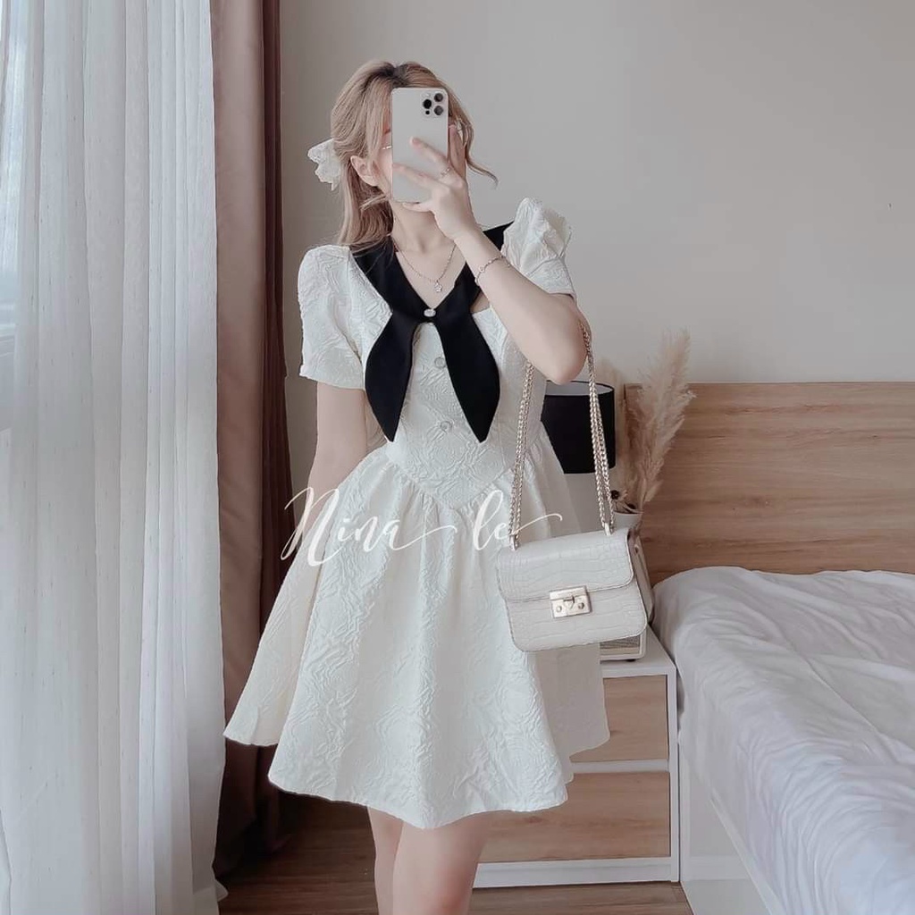 đầm xòe tiểu thư tay ngắn cổ phối nơ cute thích hợp cho các buổi tiệc