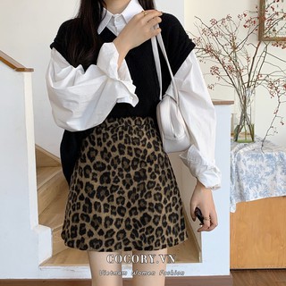Cocorygirl Chân Váy Lưng Cao Họa Tiết Da Báo Phong Cách Retro