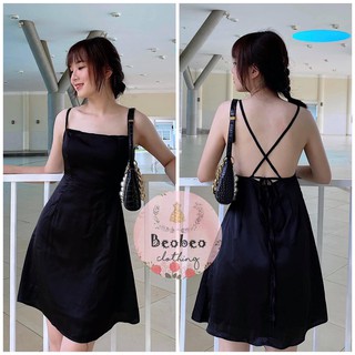 [Ảnh thật] Đầm 2 dây đen hở lưng thắt nơ ulzzang