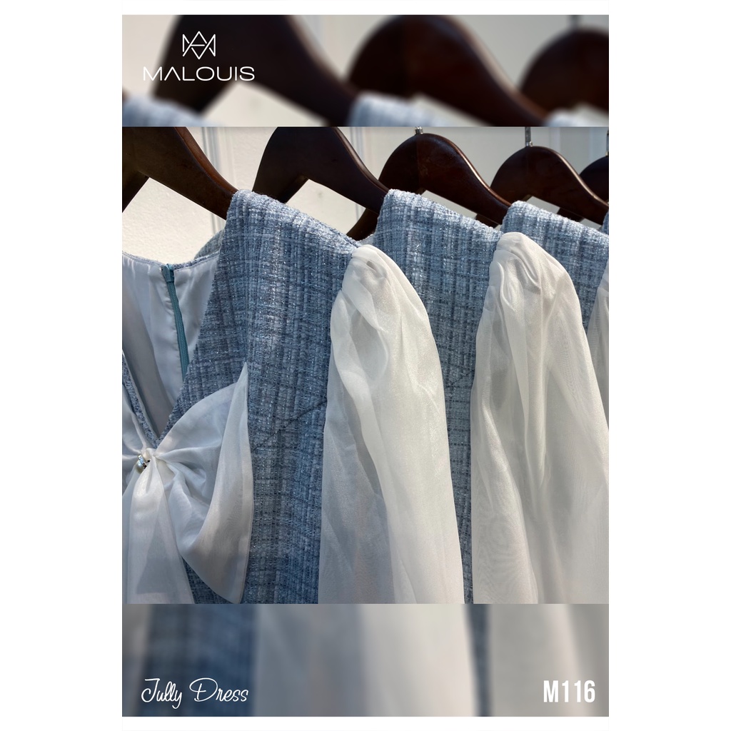 Váy dạ tweed phối voan tay dài bo chun, nơ trước ngực - M116 - Malouis