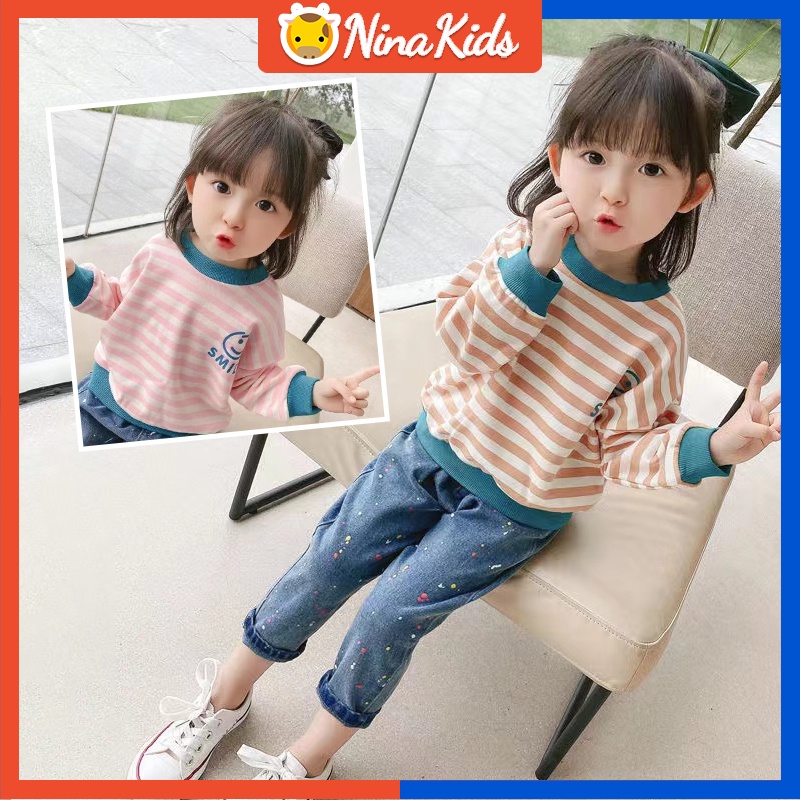 Áo Thun Sweater Mỏng Tay Dài Kẻ Sọc Dễ Thương Cho Bé Gái Từ 1-8 Tuổi