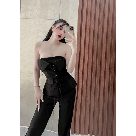 _  Set áo ống đan dây mắc cáo + quần dài