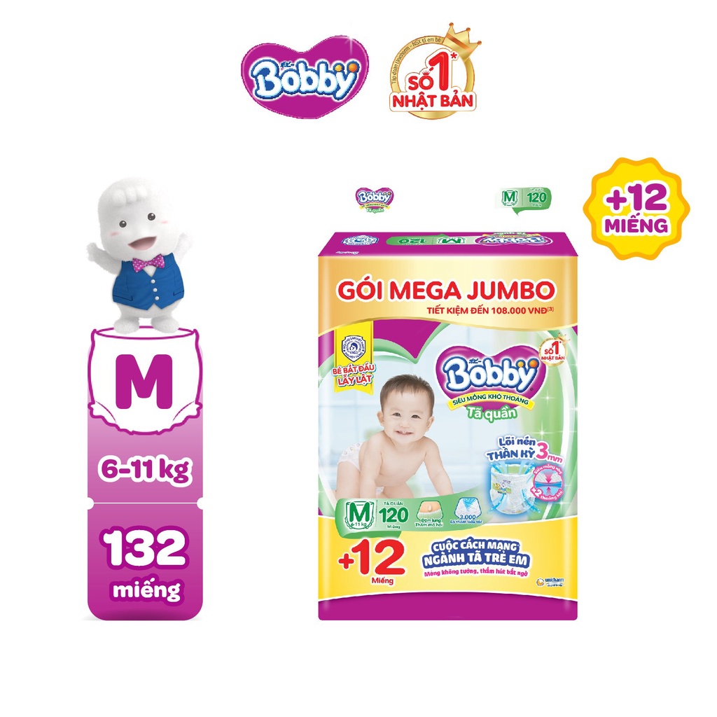 Tã quần Bobby lõi nén thần kì 3mm M120/L104/XL92/XXL84 - Tặng 12 miếng tã quần