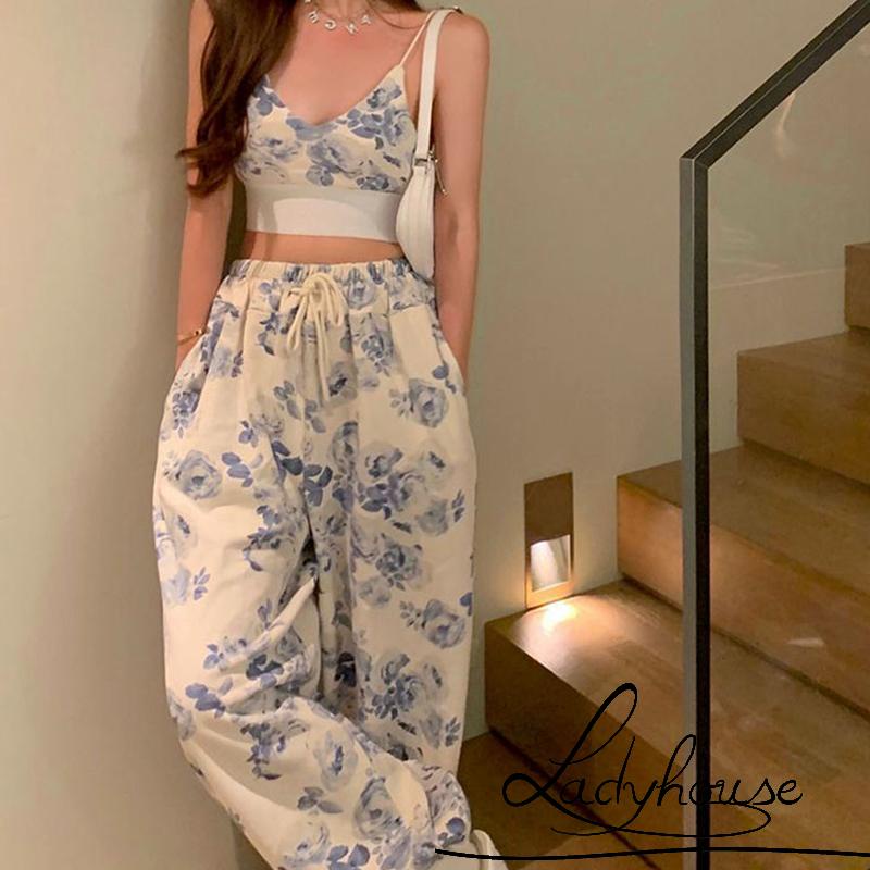 Bộ Trang Phục 2 Mảnh Gồm Áo Hai Dây Cổ Chữ V In Họa Tiết Hoa Và Quần Dài Lưng Thun Dành Cho Nữ