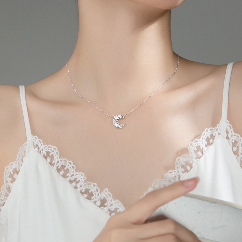 Dây chuyền bạc Ý s925 mặt trăng tròn đính đá ngọt ngào,tươi mát D7833 - AROCH Jewelry