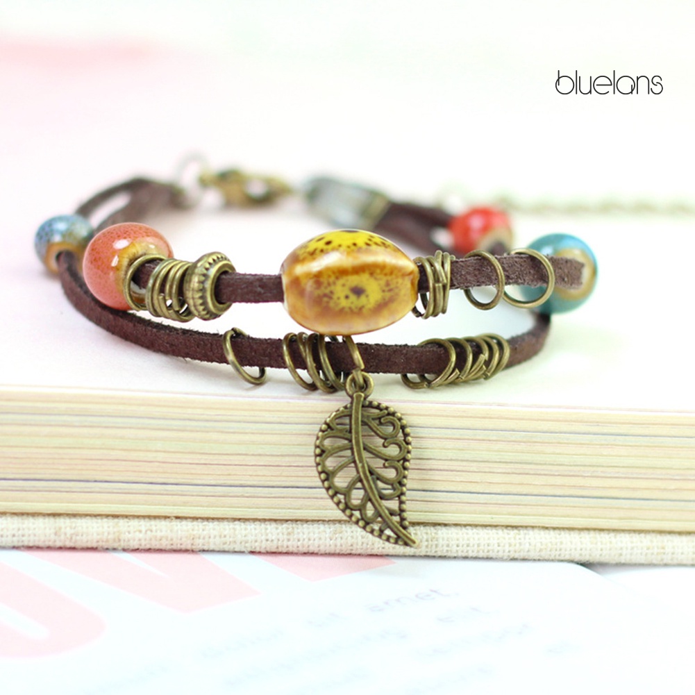 Vòng Tay Da Hai Lớp Đính Hạt Gốm Và Lá Phong Cách Bohemian