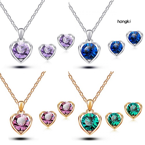 Set Vòng cổ Và Đôi Khuyên Tai Hình Trái Tim Đính Đá Pha Lê Thời Trang Dành Cho Nữ