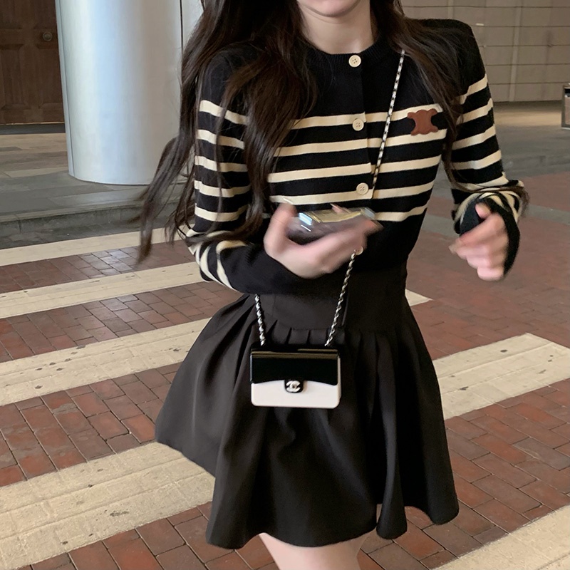 Áo khoác cardigan XIAOZHAINV dệt kim tay dài cổ tròn họa tiết kẻ sọc phong cách Hàn Quốc thời trang cho nữ