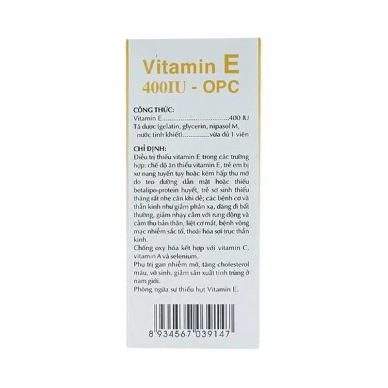 VITAMIN E 400 IU OPC HỘP 40 VIÊN – PHÒNG NGỪA THIẾU HỤT VITAMIN E