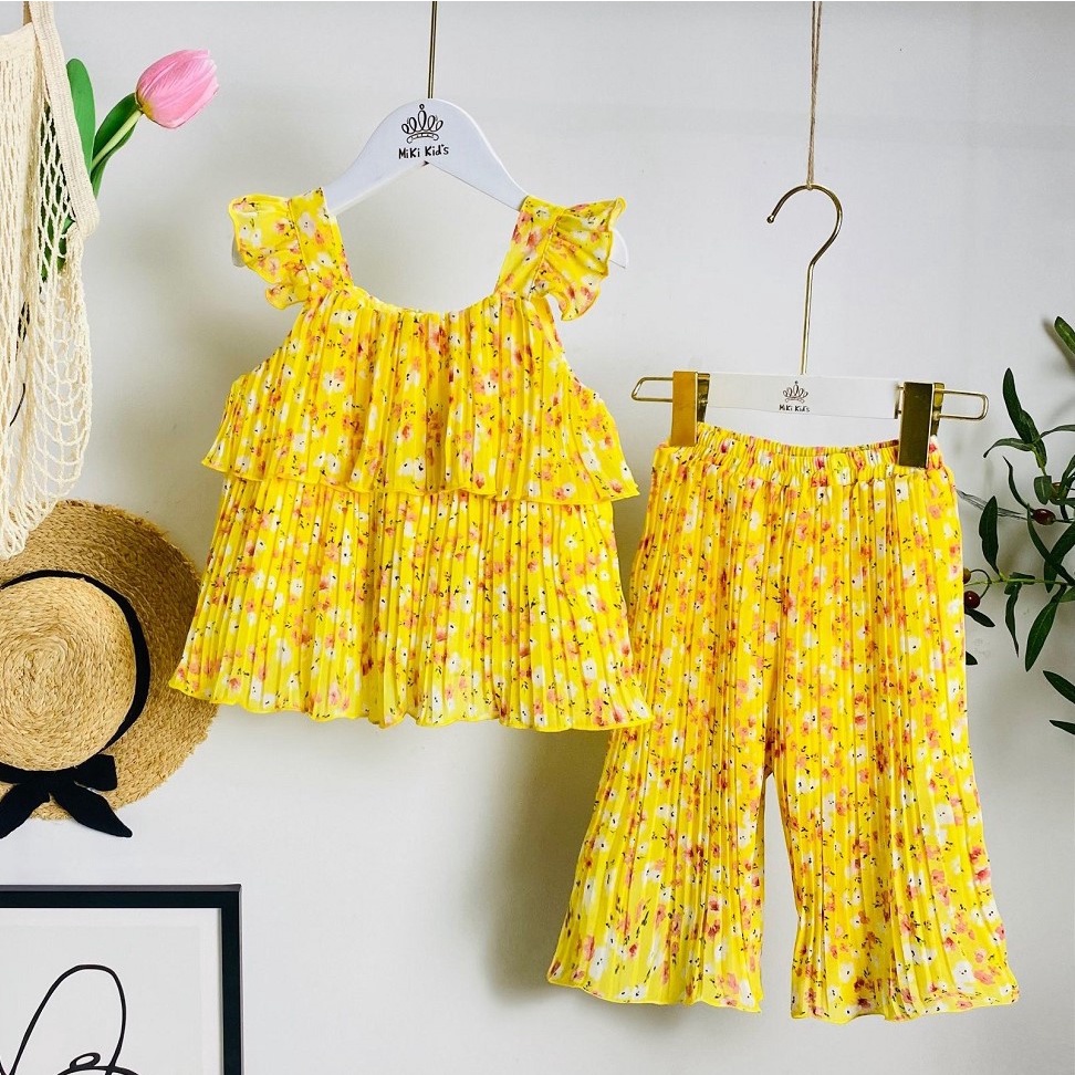 Set Bộ Đũi và Voan Cao Cấp, Áo 2 tầng Quần ống rộng phong cách cho bé gái  AS05