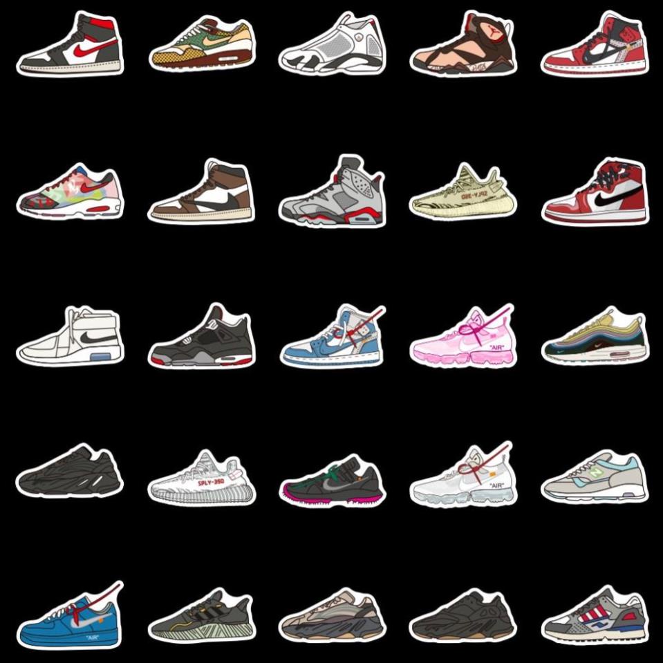 Set 50 cái Sticker Sneaker Giày Thể Thao Jordan, Af1, Yeezy dán Laptop, Vali Chống thấm nước
